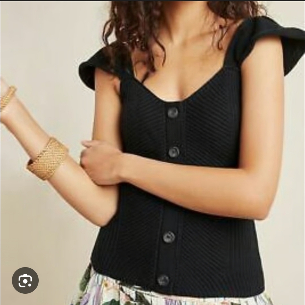 SALE -Anthropologie Black Ribbed Button Tank, Flutter Straps, Women's Size Small